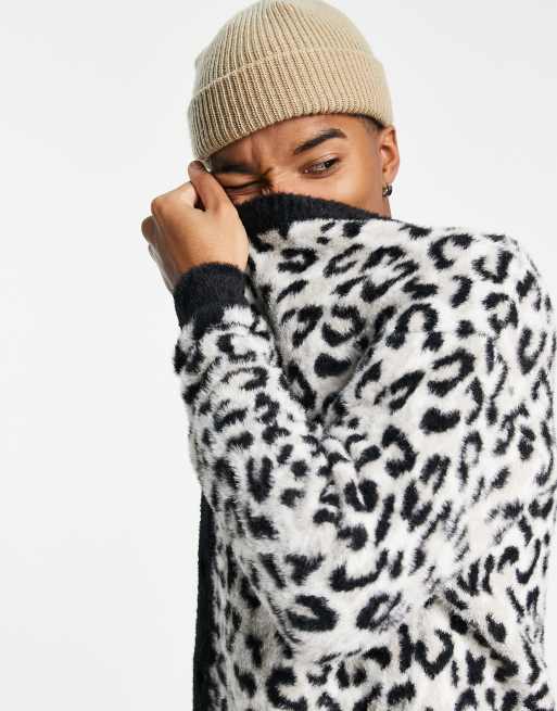 HUF snow leopard faux mohair cardigan in white