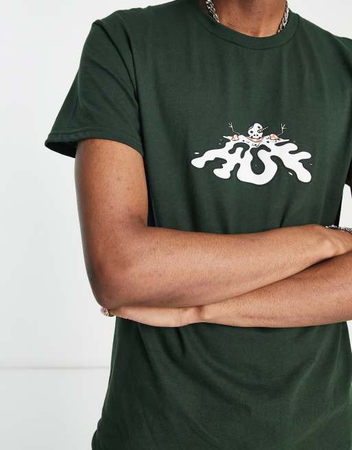 HUF snowman short sleeve t-shirt in green with chest print, 3 of 4