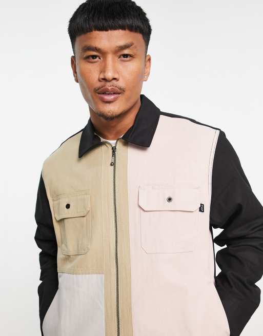 HUF split zip work jacket in black and pink | ASOS