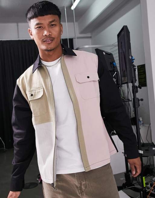 HUF split zip work jacket in black and pink | ASOS