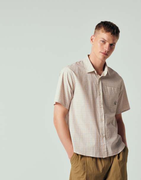 HUF star logo micro check shirt in beige - view 1