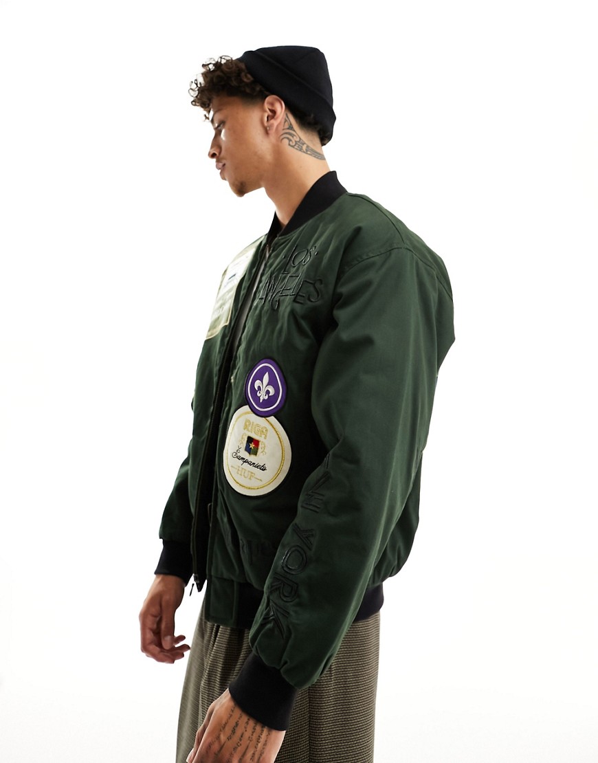HUF stratford bomber jacket in dark green with embroidery and badging