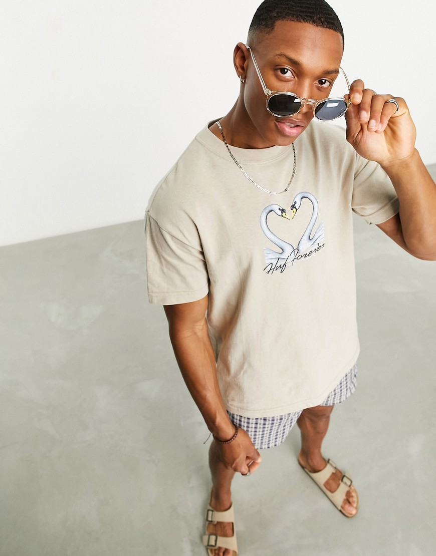 HUF swan song t-shirt in beige with chest print-Neutral