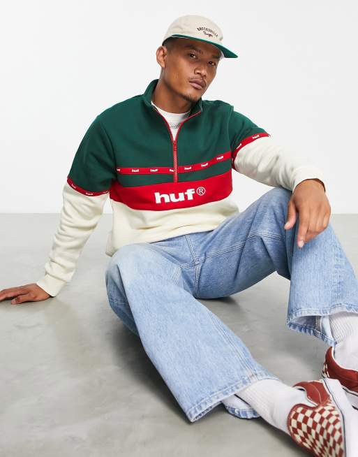 HUF – Sweatshirt in gebrochenem Weiß und Grün mit kurzem 1/4-Reißverschluss und Zierband