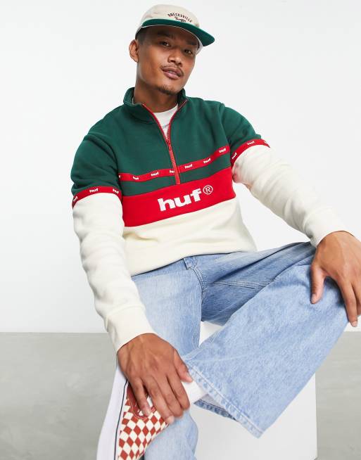 HUF taped 1/4 zip sweatshirt in off white and green