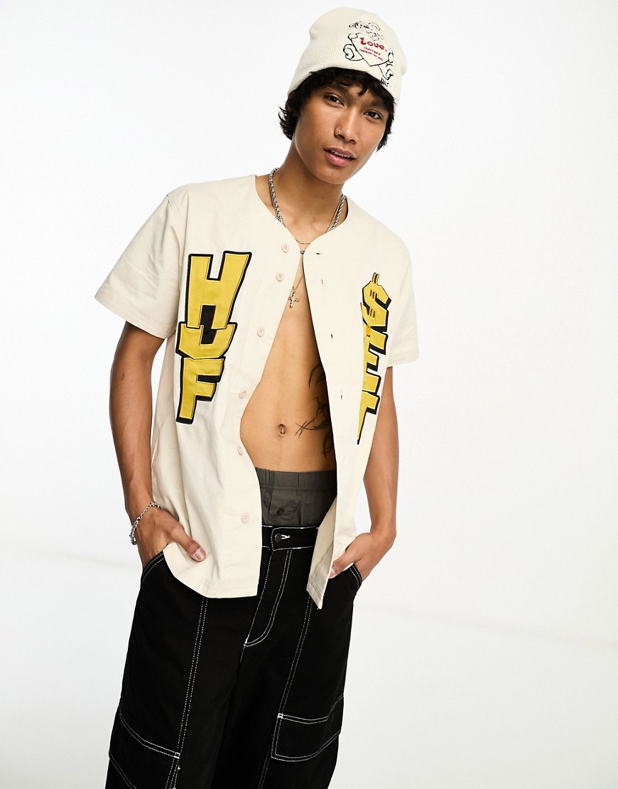 HUF team baseball jersey in off white with chest logo embroidery