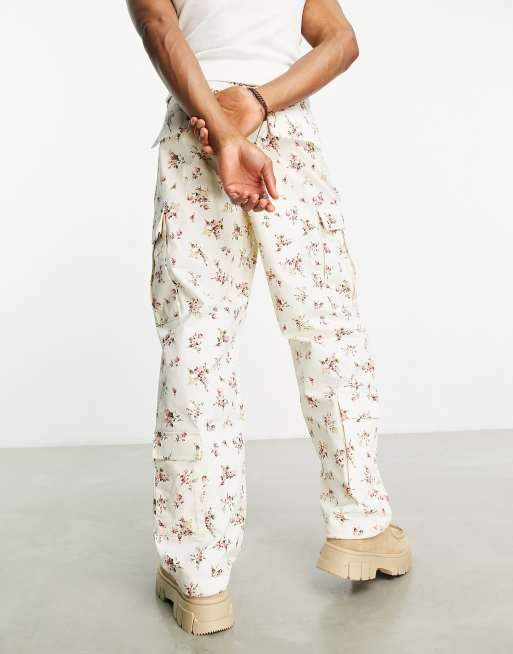 HUF - Utility-cargobroek in wit met bloemenprint, deel van co-ord set, 2 van 4