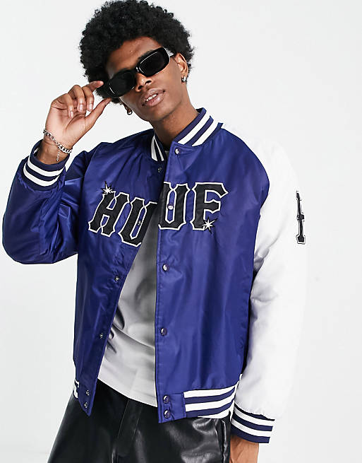 HUF varsity baseball jacket in navy and white with logo embroidery | ASOS