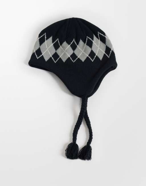 HUF Wilson braided beanie in black argyle, 3 of 3