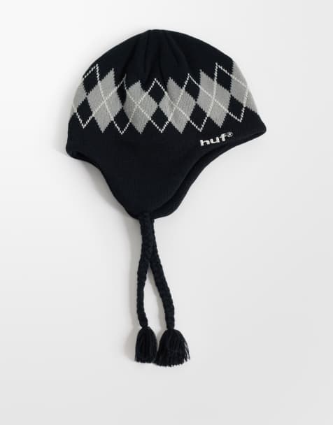 HUF Wilson Strickmütze mit Zopfmuster in Schwarz mit Rautenmuster - view 1
