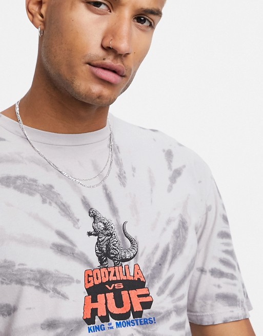 HUF X Godzilla t-shirt in grey tie-dye