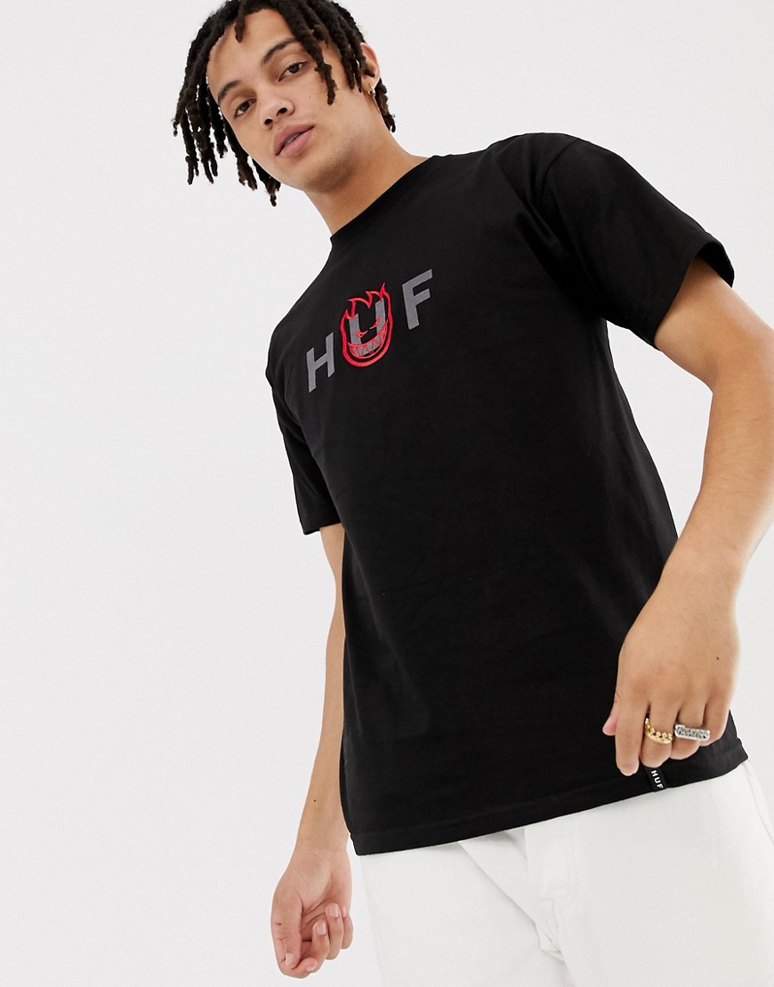 HUF x Spitfire - T-shirt nera con logo ricamato-Nero