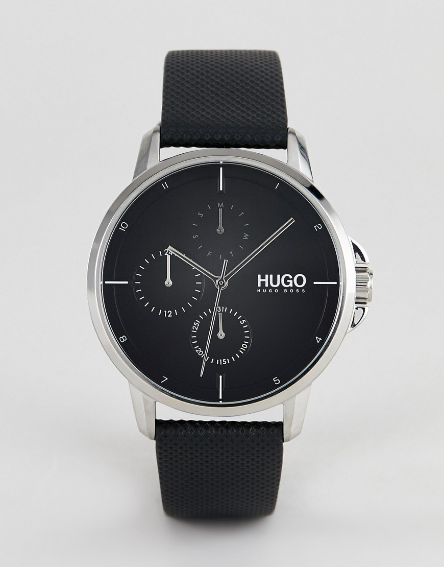 HUGO 1530022 Focus black dial leather strap watch in black