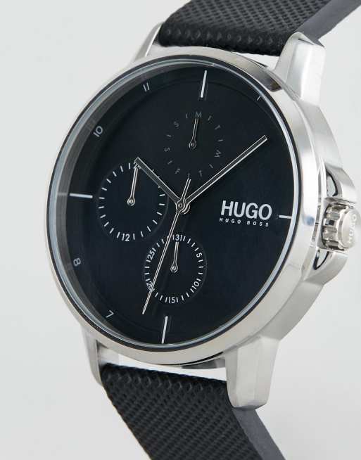 HUGO 1530022 Focus black dial leather strap watch in black ASOS