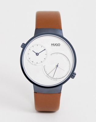 HUGO – 1530054 Travel – Klocka med läderarmband 42mm-Guldbrun