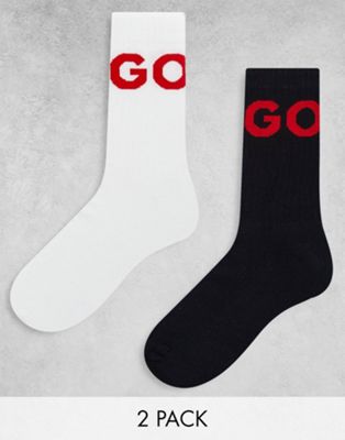 Hugo 2 pack rib stripe logo socks in white