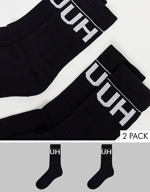 HUGO 2 pack ribbed reversed large logo sport socks in black