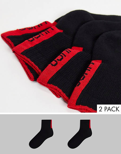 HUGO 2 pack ribbed sport socks with vertical red label logo in black