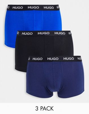 Hugo 3 pack trunks with logo waistband in navy and blue