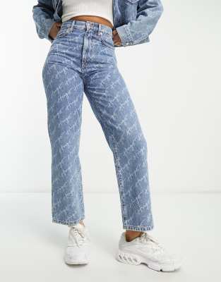 HUGO - Denim regular-fit jeans with stacked-logo jacquard