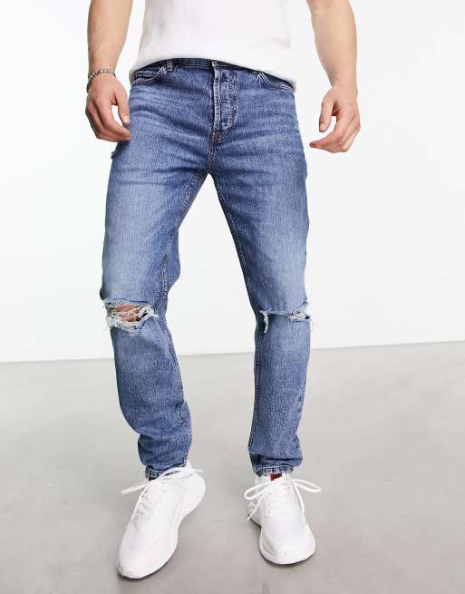 Mens distressed tapered outlet jeans