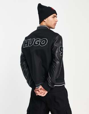 HUGO - Signature-trim denim varsity jacket with contrast sleeves