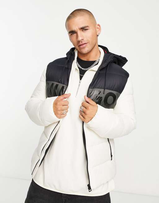HUGO - Balin2242 - Giacca imbottita bianco sporco e nero con logo grande