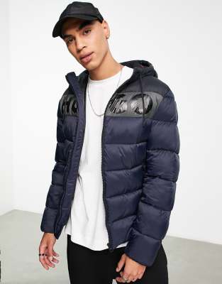 HUGO Balin2242 large logo padded jacket in navy and black - ASOS Price Checker