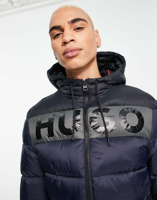 HUGO Balin2242 large logo padded jacket in navy and black