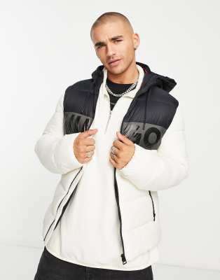 Hugo Red HUGO Balin2242 large logo padded jacket in off white and black
