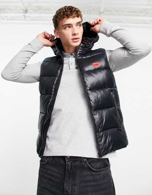 HUGO Balti high shine padded vest in black with hood