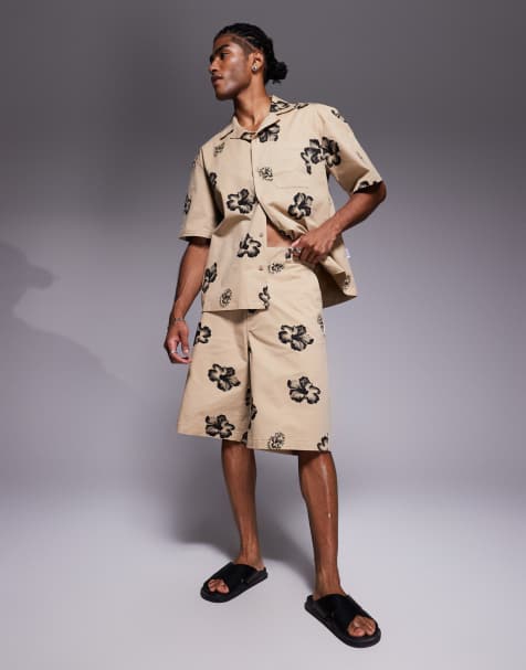 HUGO Blue baggy fit shorts in brown with floral print - part of a set - view 1
