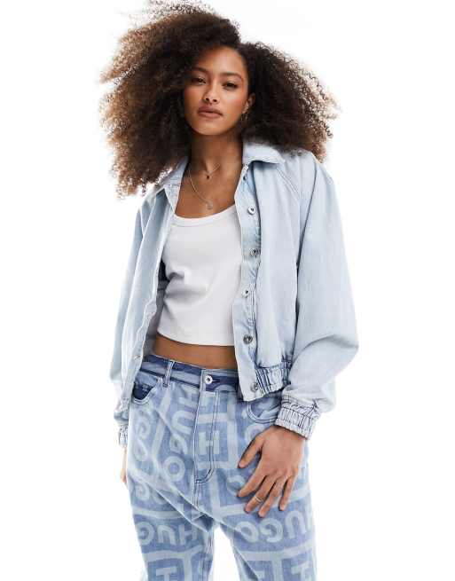 HUGO BLUE bomber denim jacket with back patch in light wash | ASOS