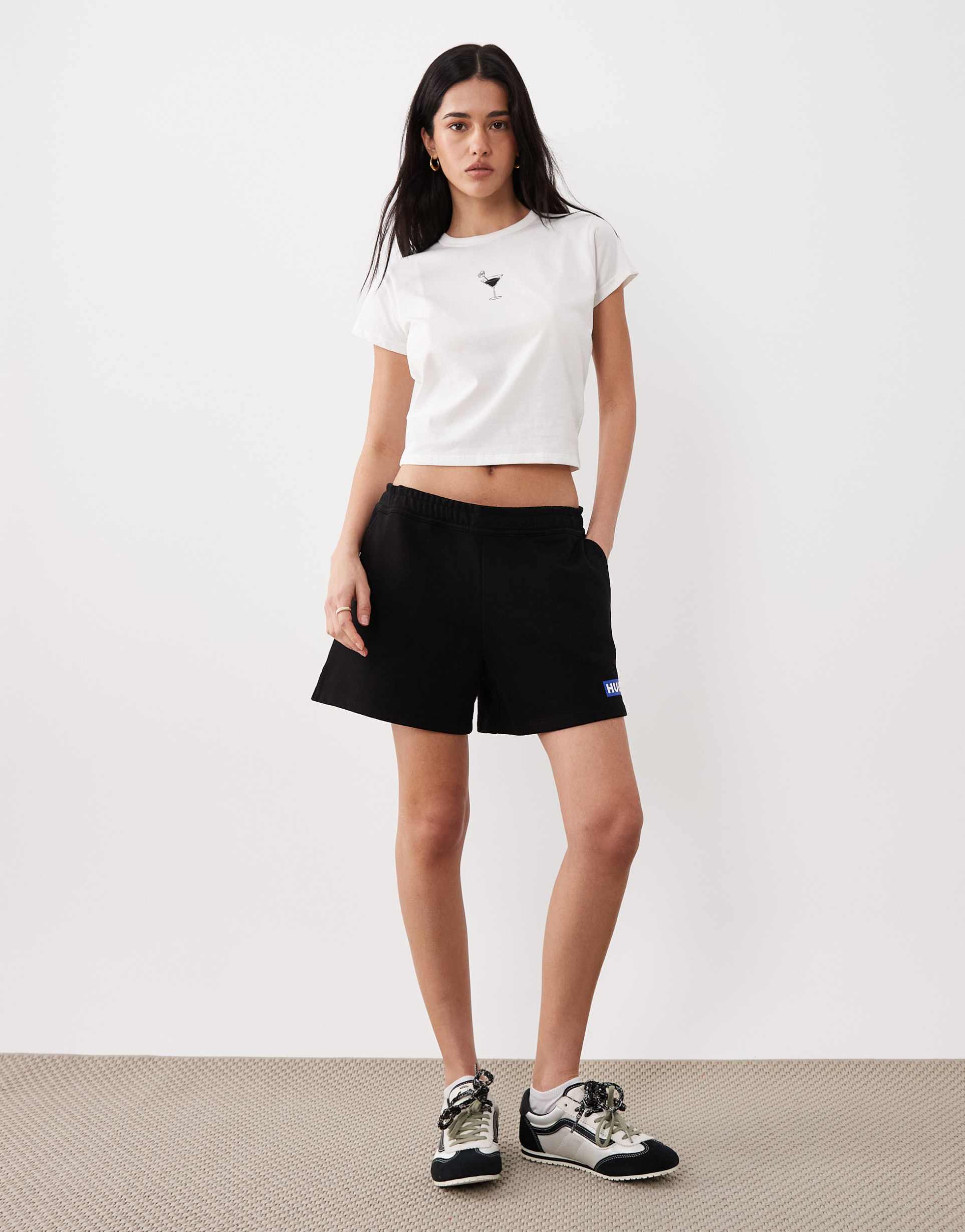 hugo blue box logo jersey sweatshirt fabric shorts in black