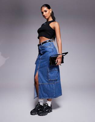 Hugo Blue HUGO BLUE cargo maxi denim skirt in mid blue