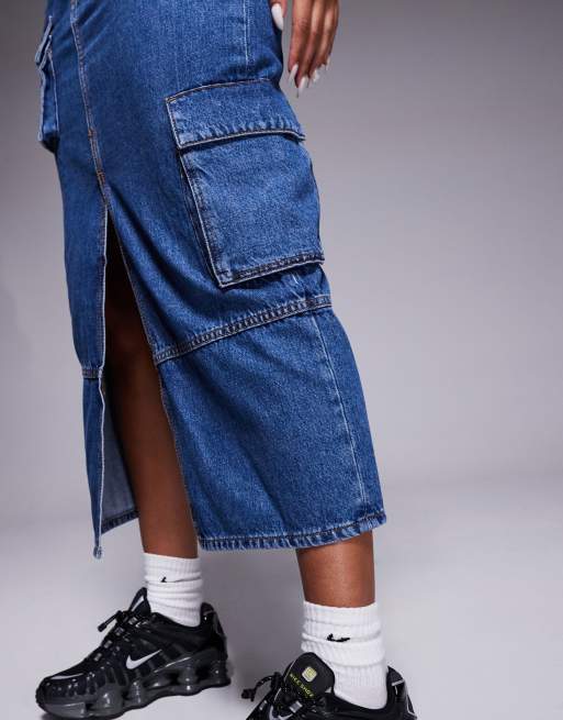 HUGO BLUE cargo maxi denim skirt in mid blue | ASOS