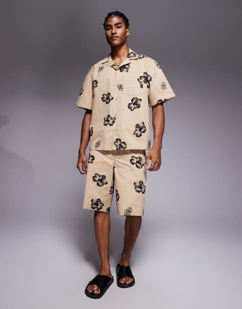 Hugo Blue co-ord baggy fit shirt and shorts in brown with floral print - view 1