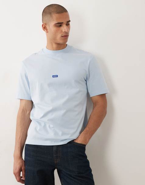 HUGO Blue cotton t-shirt with back logo print in light blue - view 1