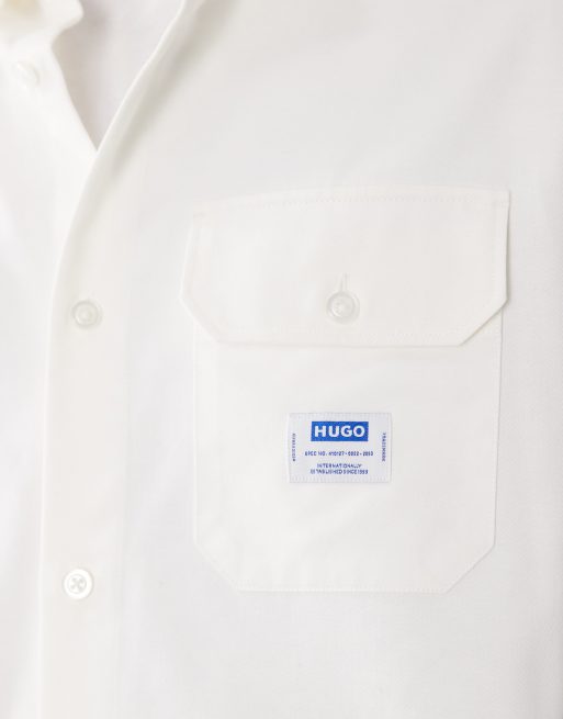 Hugo Blue cotton twill with logo label shirt in white, 3 of 5