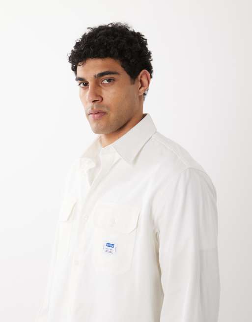 Hugo Blue cotton twill with logo label shirt in white, 4 of 5