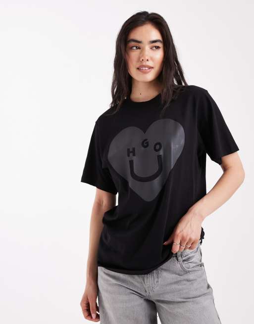 HUGO Blue – Czarny T-shirt w stylu vintage