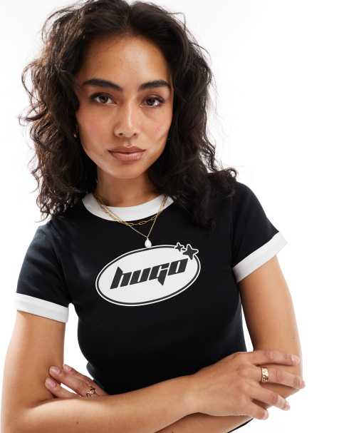 HUGO Blue - Dalia - T-shirt corta nera con bordi a contrasto - view 1
