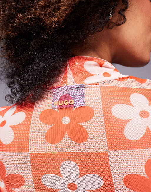 HUGO Blue dasori floral print long sleeve mesh top