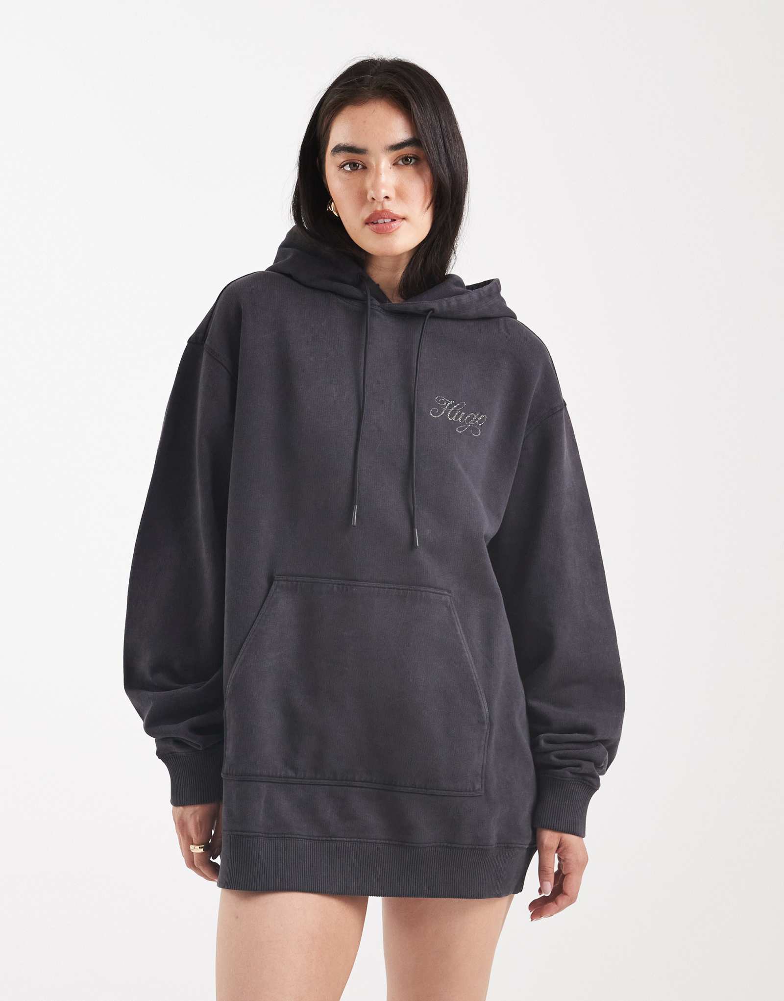 Платье-толстовка со стразами HUGO BLUE Dejandra черного цвета с кислотной стиркой и капюшоном на спине