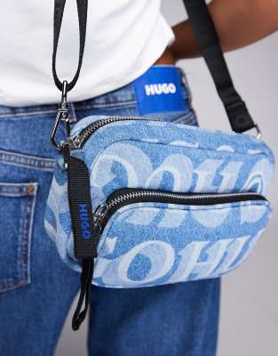 Hugo Blue Denim Crossbody Bag With All Over Logo In Blue