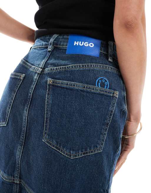 HUGO Blue - Denim midi rok in marineblauw, 4 van 5