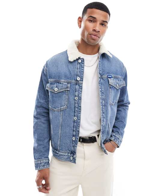 HUGO Blue - Dex - Denim truckerjack in mid-wash blauw met sherpakraag