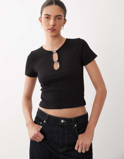 HUGO Blue - diheart - Crop top nero con apertura a goccia, 3 di 4