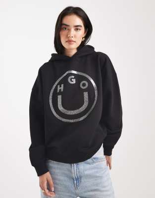 Hugo Blue Dolasa Glitter Gel Logo Relaxed Fit Hoodie In Black