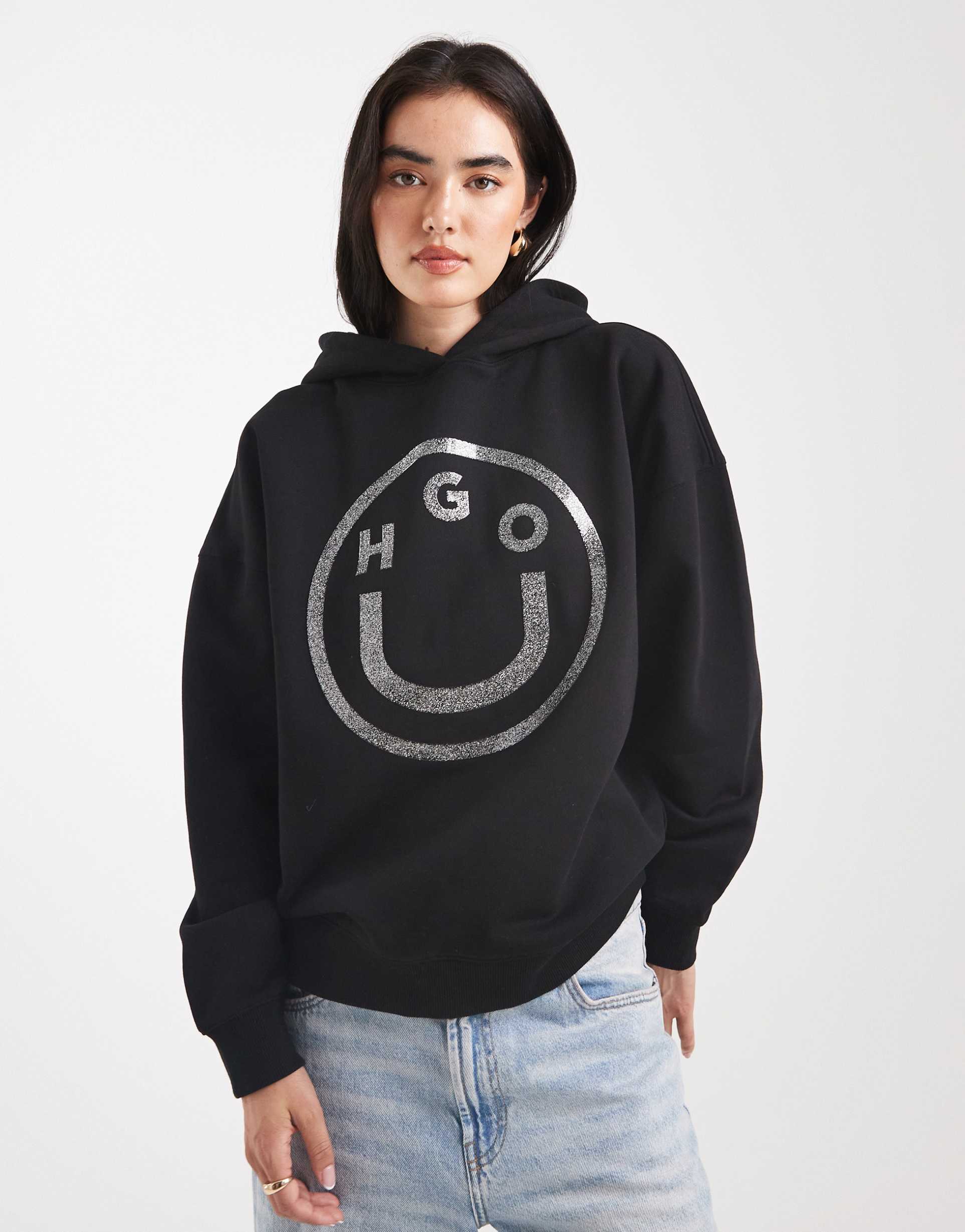 hugo blue dolasa glitter gel logo relaxed fit hoodie in black